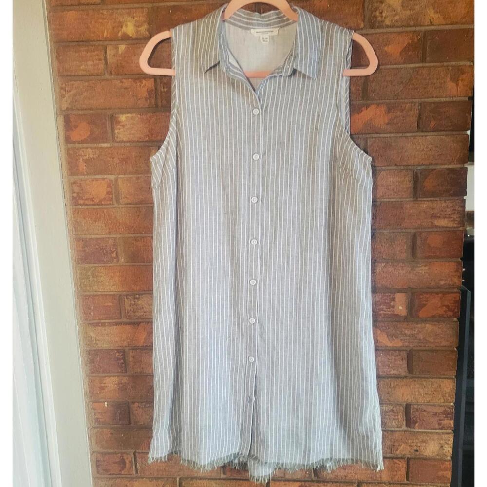 Beachlunchlounge Striped Sleeveless Linen Button-Down Tunic/Shift Dress - Size M